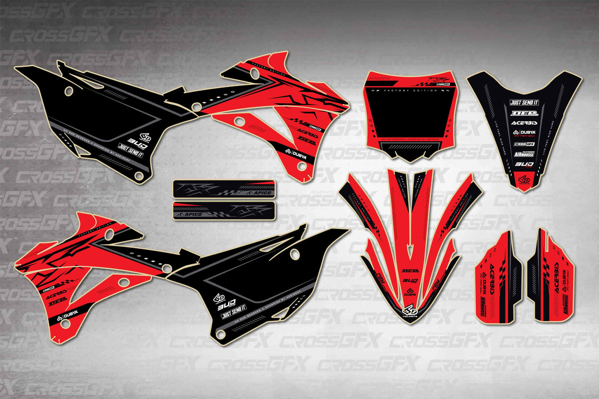 Graphics for Kawasaki KX 100 2014-2021 - Flux Red - flat layout showing all decal pieces included