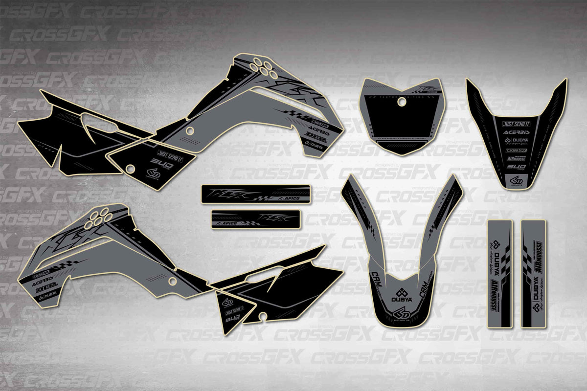 Graphics for Kawasaki KLX 140 2008-2018 - Flux Smoke - flat layout showing all decal pieces included