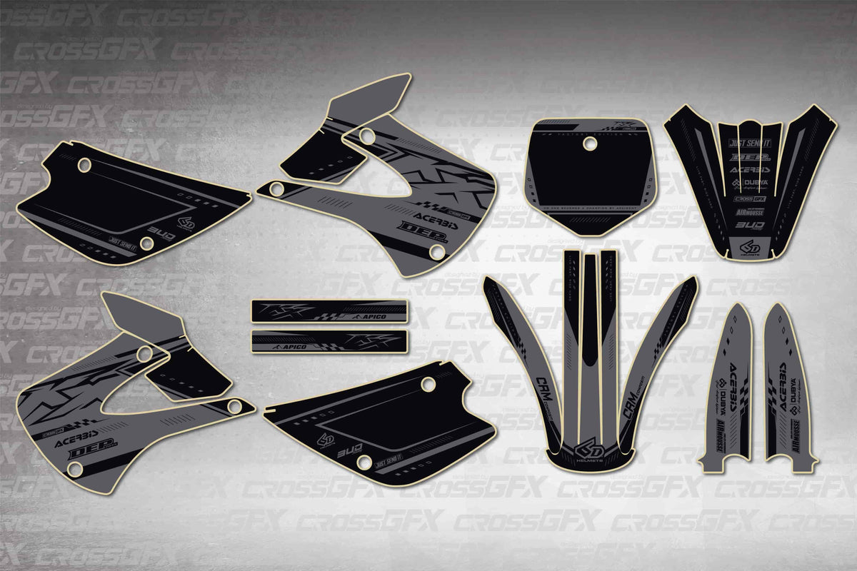Graphics for Kawasaki KX 100 2001-2013 - Flux Smoke - flat layout showing all decal pieces included
