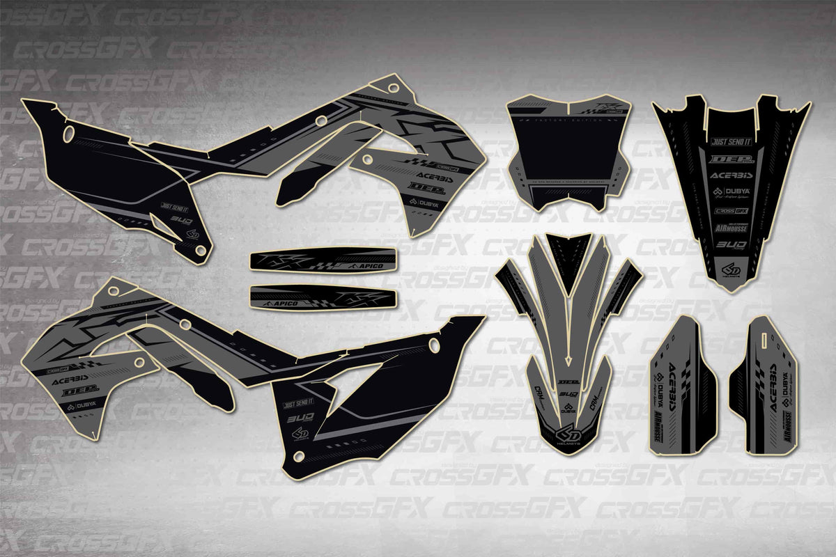 Graphics for Kawasaki KX 250X 2021-2024 - Flux Smoke - flat layout showing all decal pieces included