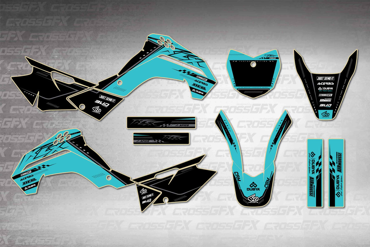 Graphics for Kawasaki KLX 140 2008-2018 - Flux Teal - flat layout showing all decal pieces included