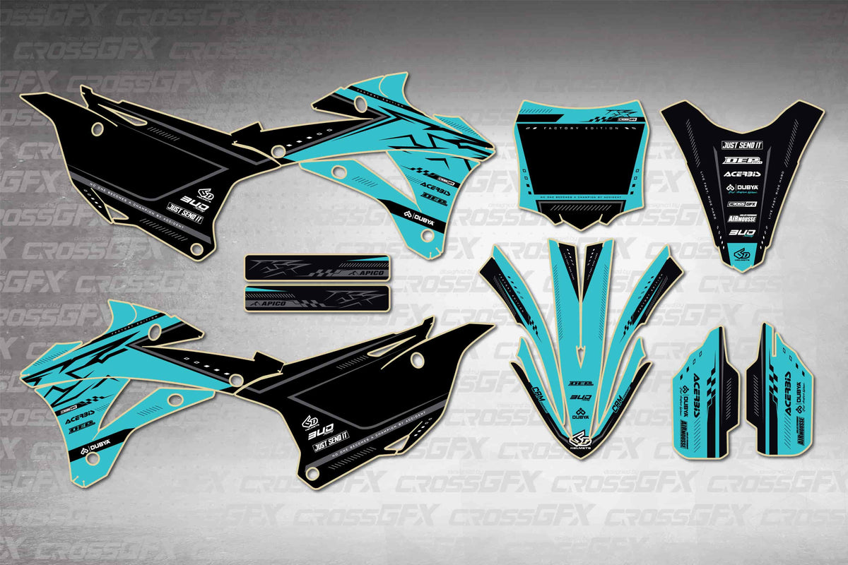 Graphics for Kawasaki KX 100 2014-2021 - Flux Teal - flat layout showing all decal pieces included