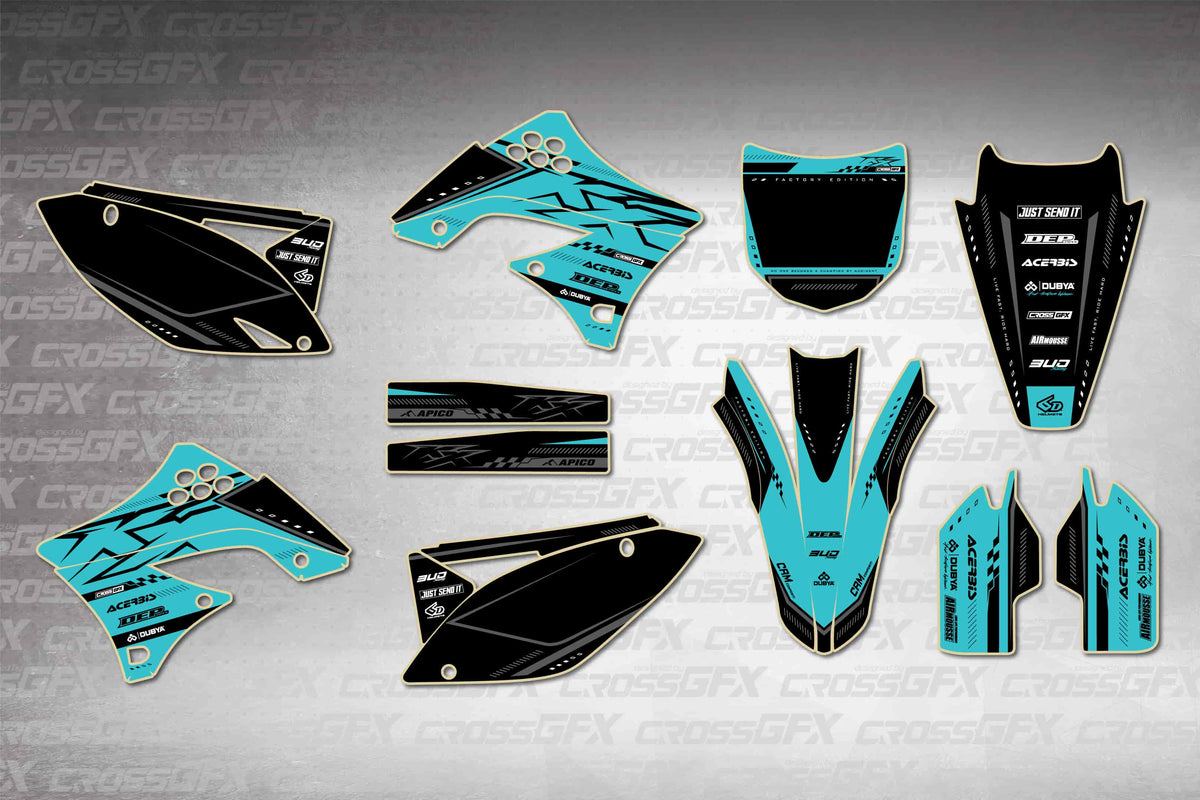 Graphics for Kawasaki KX 450F 2009-2011 - Flux Teal - flat layout showing all decal pieces included