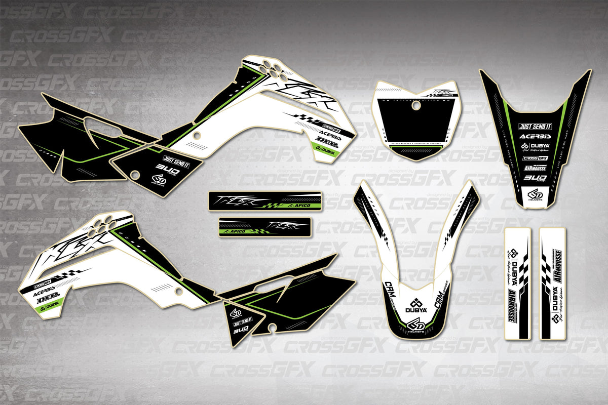 Graphics for Kawasaki KLX 140G 2017-2018 - Flux White - flat layout showing all decal pieces included