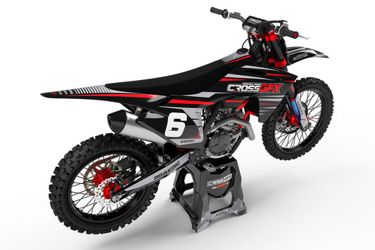 Rear view of the Apex Black custom decal kit on a GasGas motorcycle.