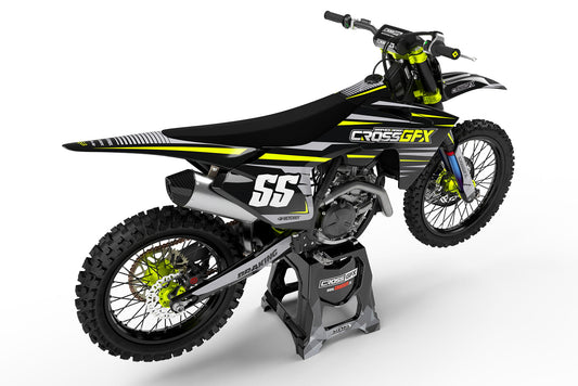 Rear view of the Apex Fluorescent custom decal kit on a GasGas motorcycle.