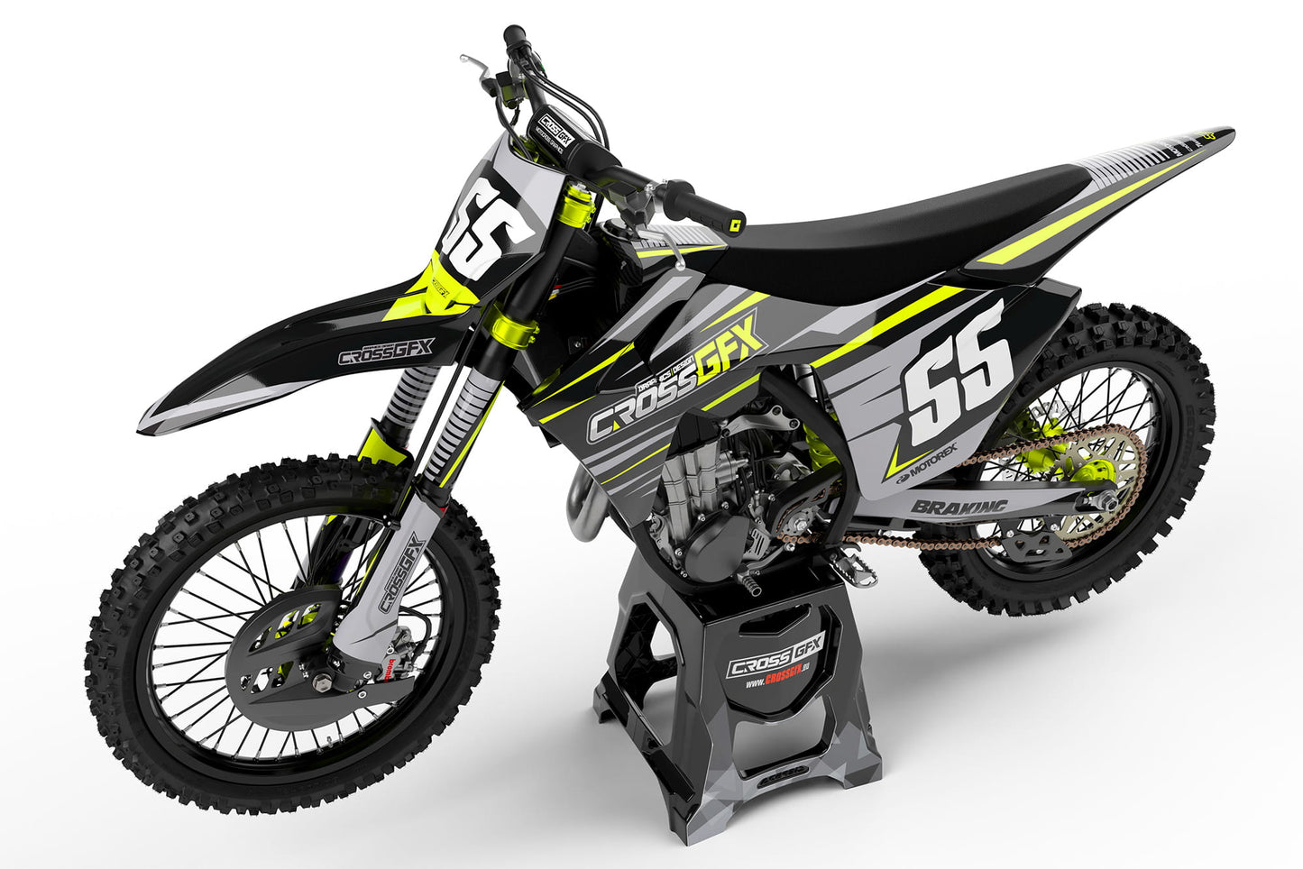 Side view of the Apex Fluorescent racing graphics kit on a GasGas dirt bike.