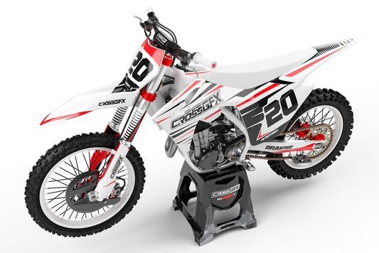 Side view of the Apex White custom decal kit on a GasGas motorcycle.