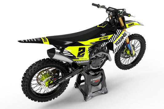 Rear view of the Clean Fluorescent custom decal kit on a GasGas motorcycle.