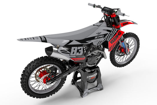 Rear view of the Clean Grey custom decal kit on a GasGas motorcycle.