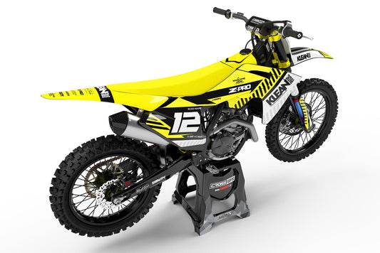 Rear view of the Clean Yellow custom decal kit on a GasGas motorcycle.