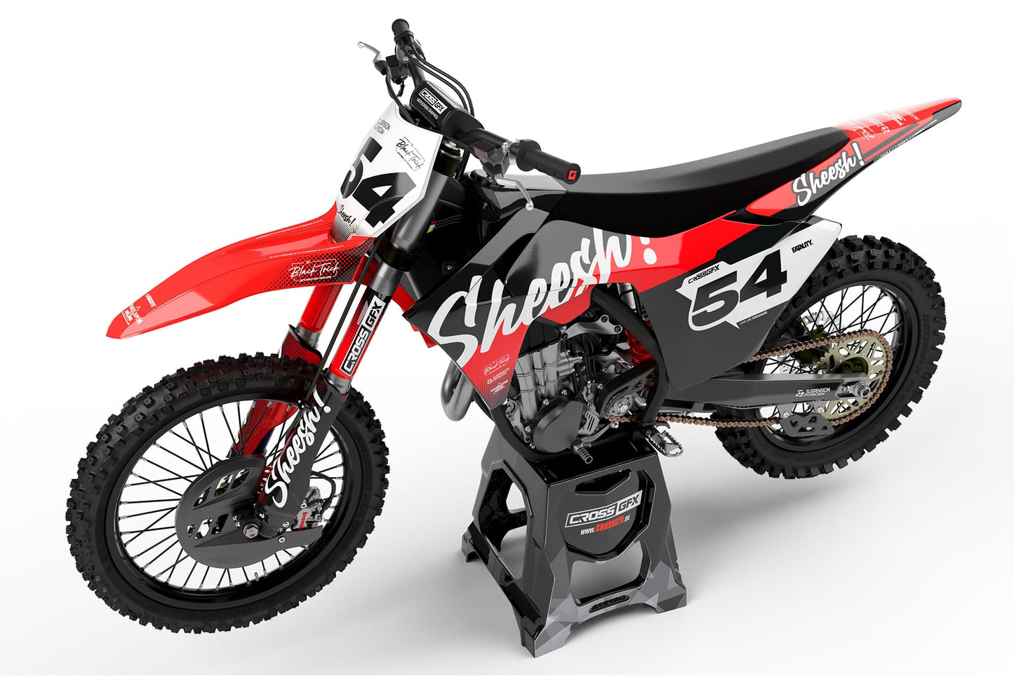 Side view of the Sheesh Black off-road decal kit on a GasGas motorcycle.