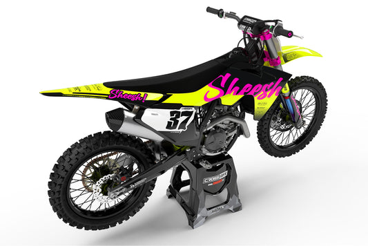 Rear view of the Sheesh Fluorescent custom decal kit on a GasGas motorcycle.