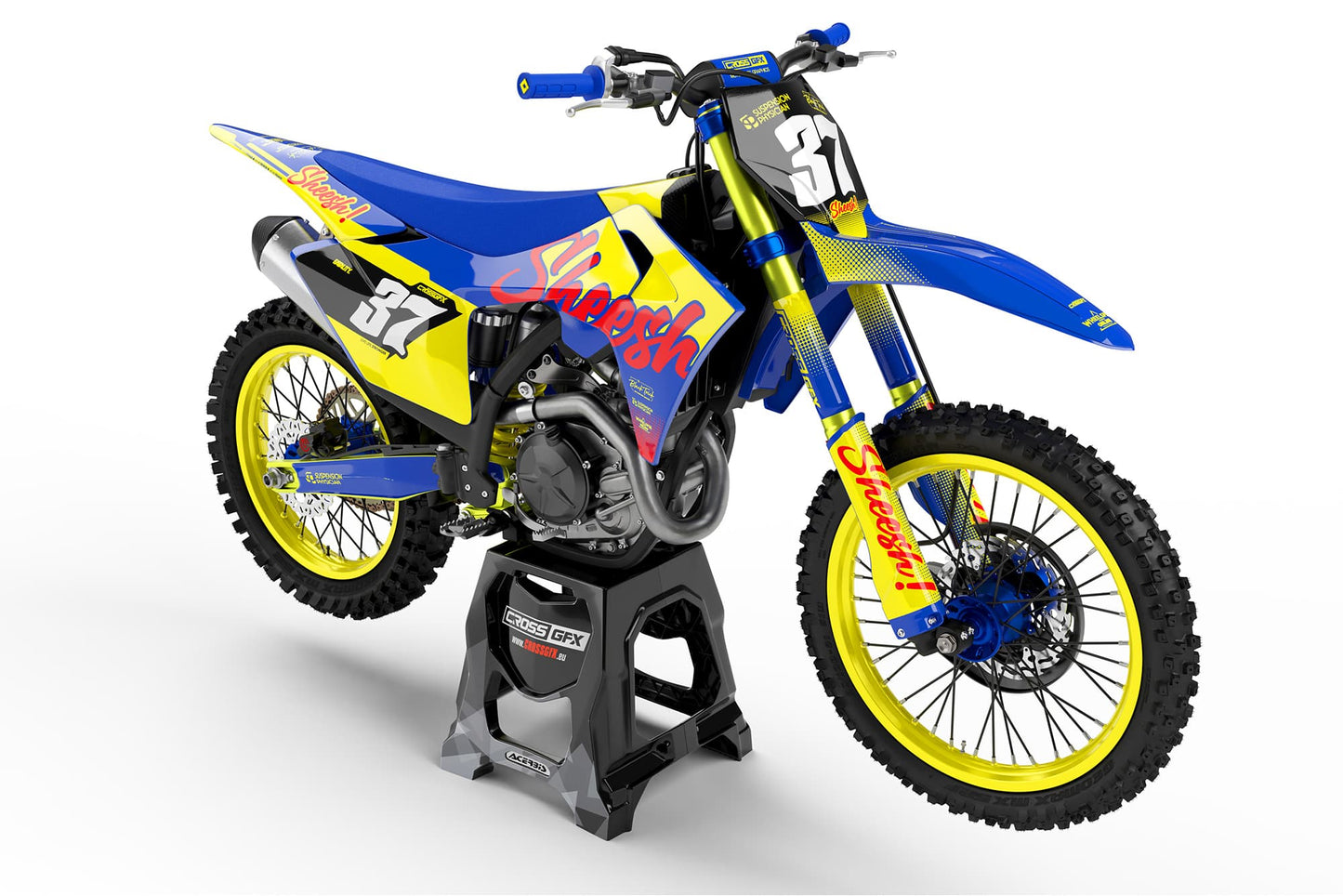 Front view of the Sheesh Yellow motocross graphics kit on a GasGas dirt bike.