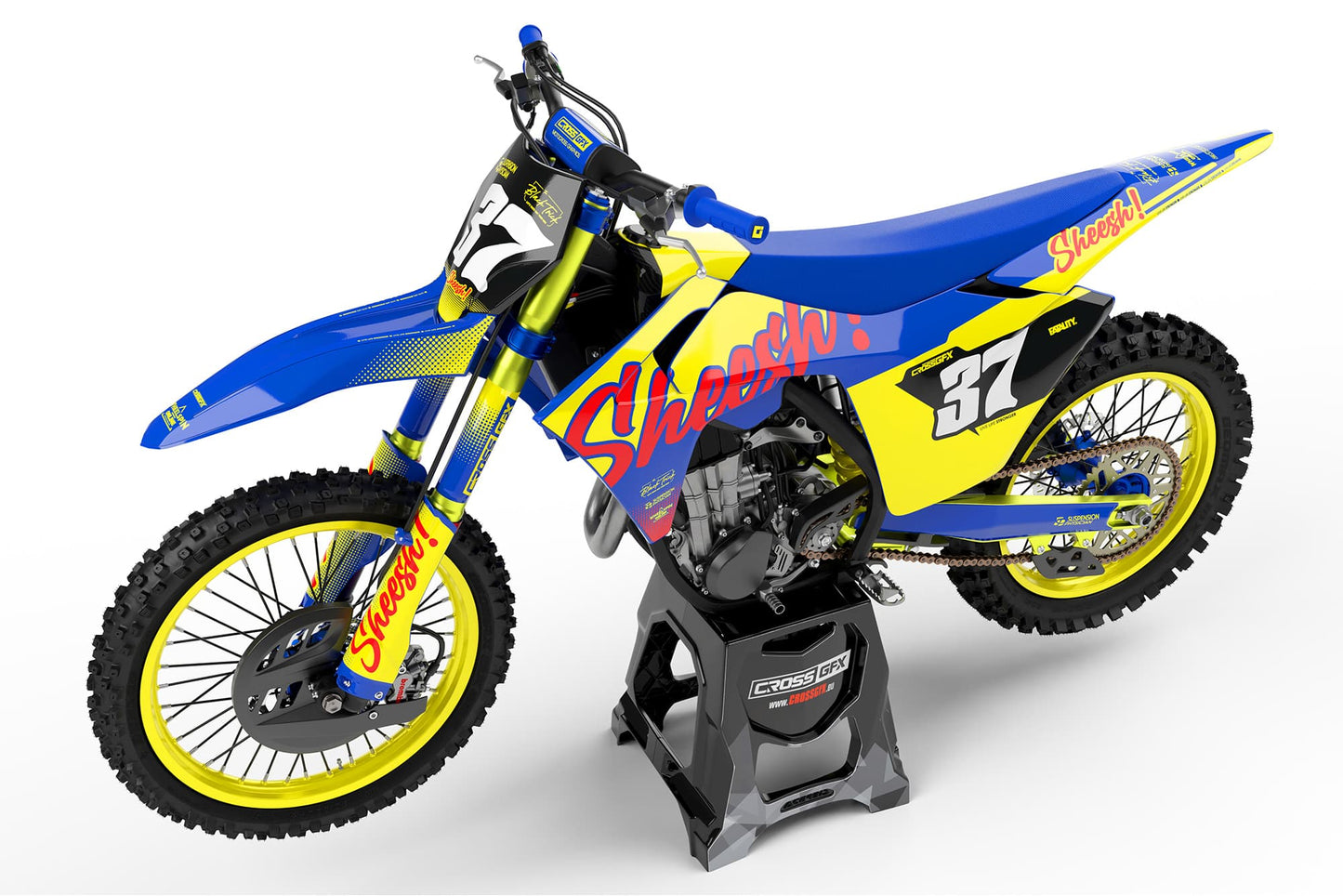 Side view of the Sheesh Yellow racing graphics kit on a GasGas dirt bike.