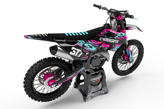 Rear view of the Element Black decal kit on a Husqvarna off-road motorcycle.