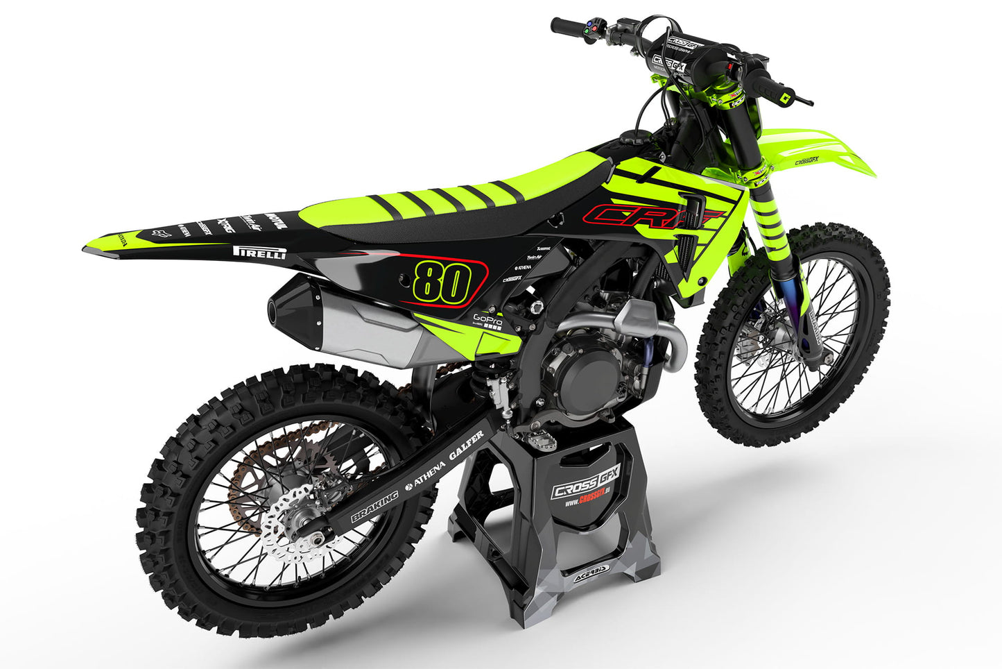 Rear view of the Crisp Fluorescent custom graphics kit on a Honda dirt bike.