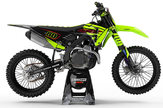 Side view of the Crisp Fluorescent decal kit on a Honda dirt bike.
