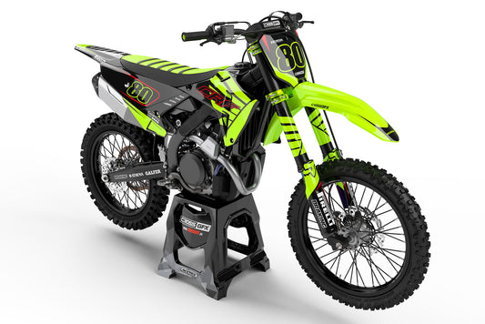 Front view of the Crisp Fluorescent graphics kit on a Honda motocross bike.