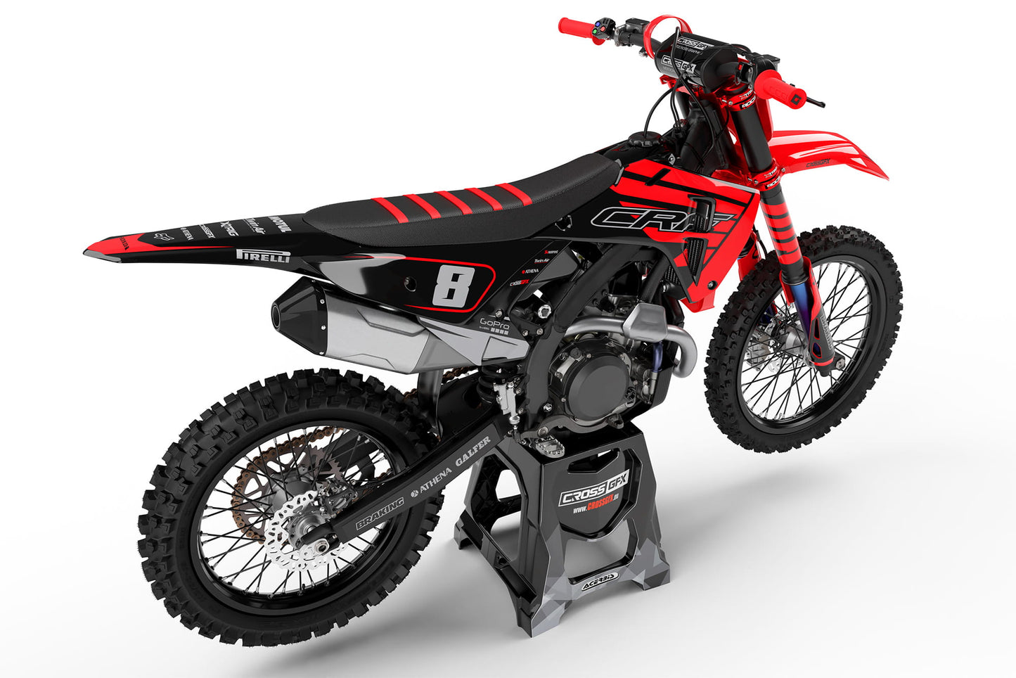 Rear view of the Crisp Red decal kit on a Honda dirt bike.