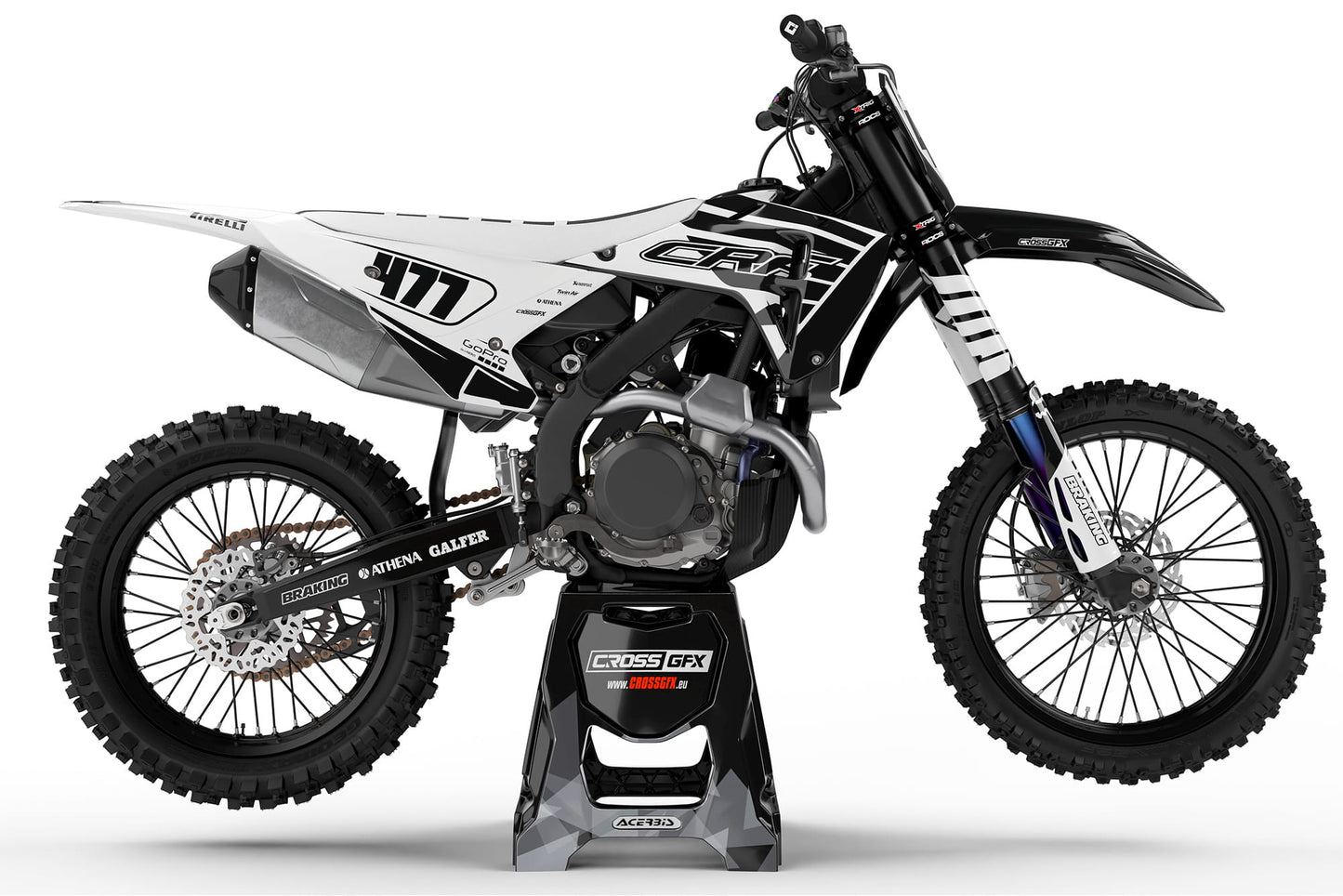 Side view of the Crisp White decal kit on a Honda dirt bike.