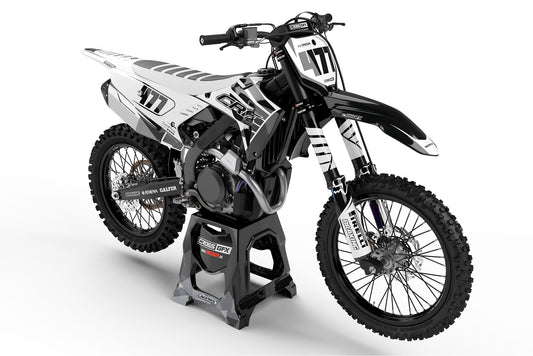 Front view of the Crisp White graphics kit on a Honda motocross bike.