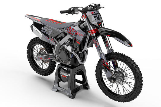 Front view of the Force Black graphics kit on a Honda motocross bike.