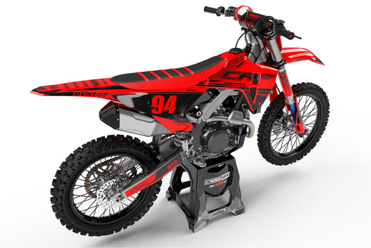 Rear view of the Force Red decal kit on a Honda dirt bike.