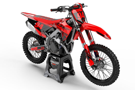 Front view of the Force Red graphics kit on a Honda motocross bike.