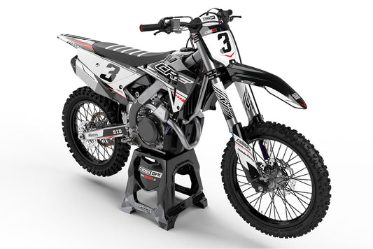 Front view of the Force White graphics kit on a Honda motocross bike.