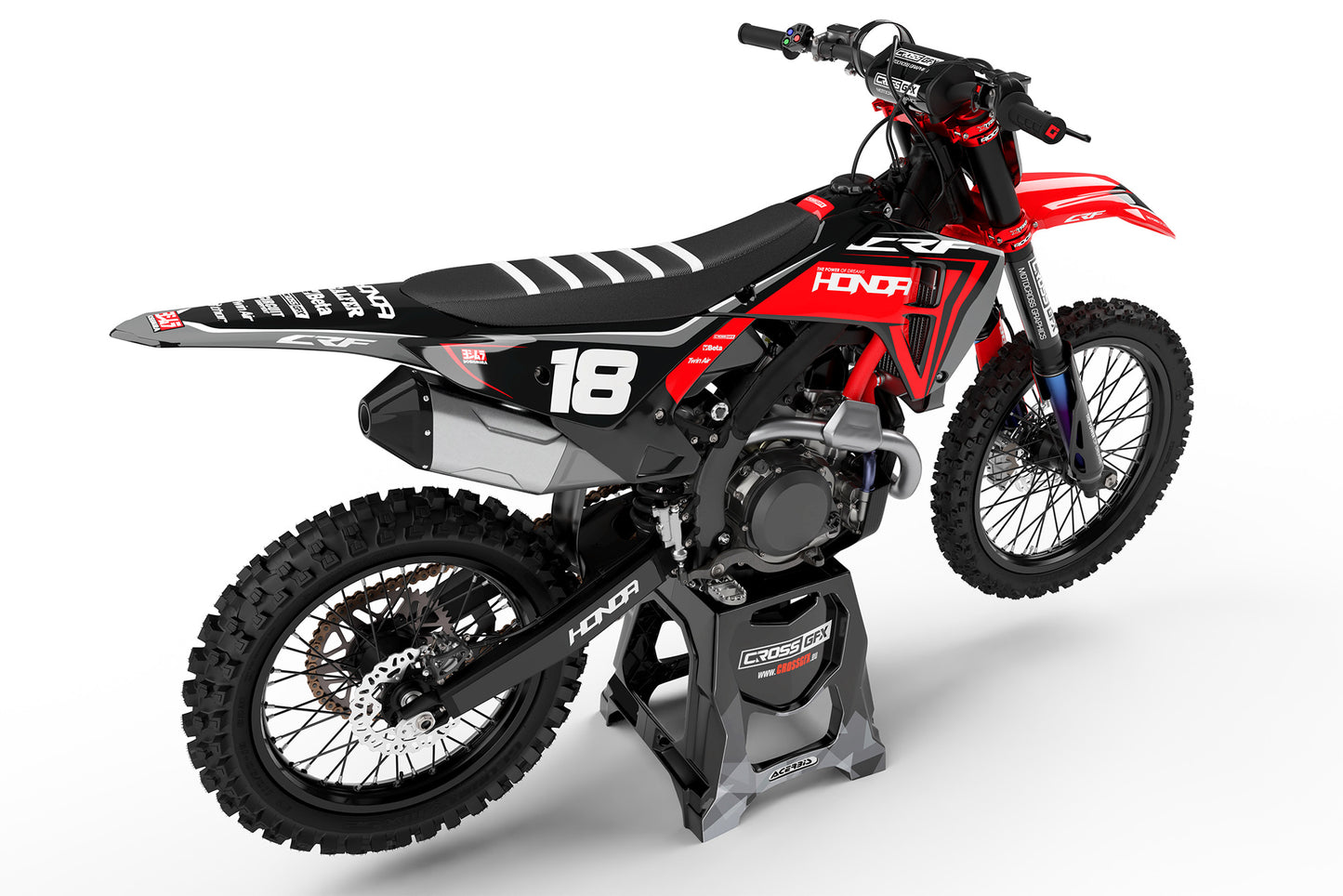 Rear view of the Nitro Black racing graphics kit on a Honda dirt bike.