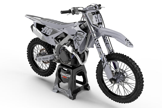 Front view of the Retro 94 Grey graphics kit on a Honda off-road motorcycle.