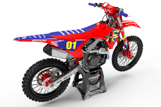Rear view of the Retro 94 Red custom decal kit on a Honda dirt bike.