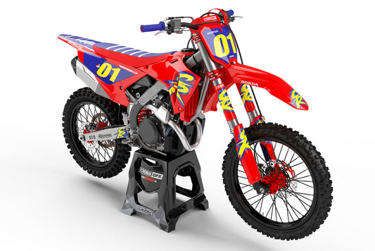 Front view of the Retro 94 Red graphics kit on a Honda off-road motorcycle.