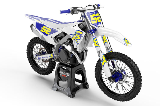 Front view of the Retro 94 White graphics kit on a Honda off-road motorcycle.