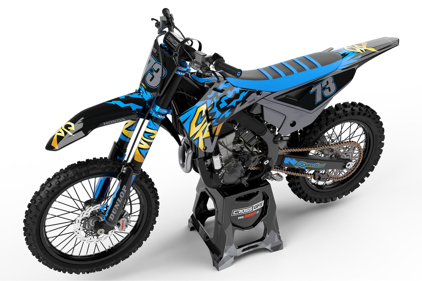 Left side view of the Retro 97 Blue custom decal kit on a Honda dirt bike.
