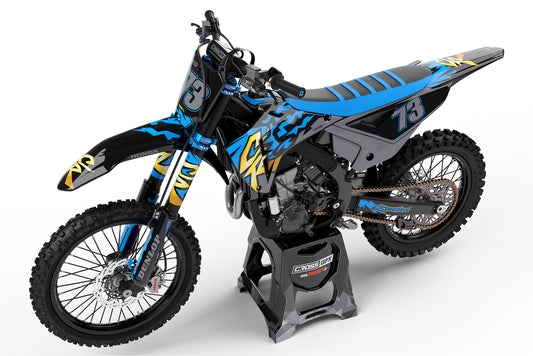 Left side view of the Retro 97 Blue custom decal kit on a Honda dirt bike.