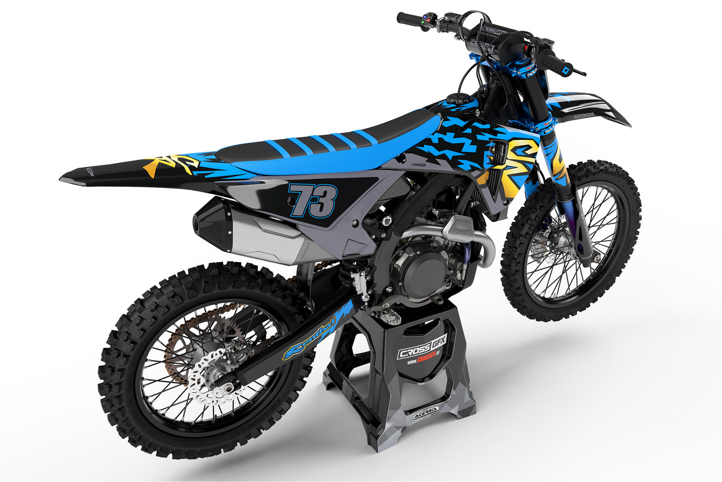Rear view of the Retro 97 Blue motocross graphics kit on a Honda racing bike.