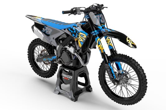 Front view of the Retro 97 Blue graphics kit on a Honda off-road motorcycle.