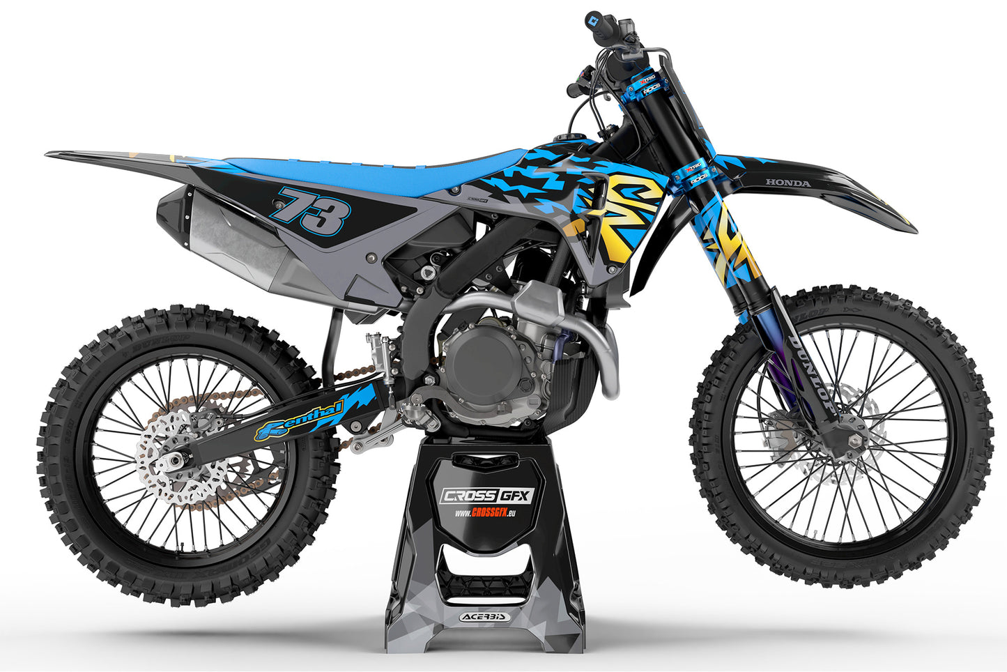 Side view of the Retro 97 Blue racing graphics kit on a Honda dirt bike.