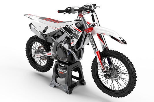 Front view of the Surge Black graphics kit on a Honda motocross bike.