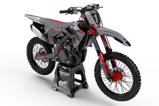 Front view of the Surge Grey graphics kit on a Honda dirt bike.