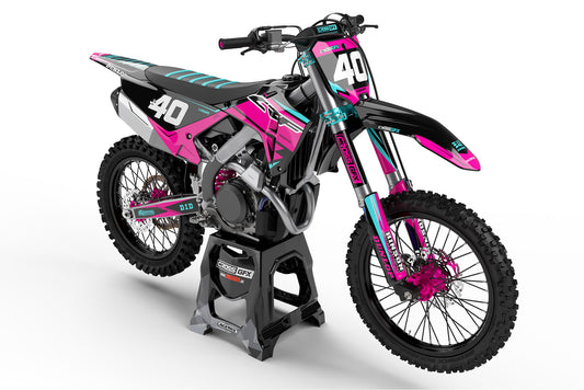 Front view of the Surge Pink graphics kit on a Honda dirt bike.