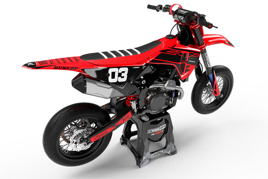 Rear view of the Surge Red decal kit on a Honda dirt bike.