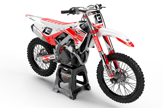 Front view of the Surge White graphics kit on a Honda dirt bike.