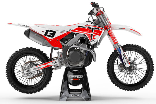 Right side view of the Surge White graphics kit on a Honda dirt bike.