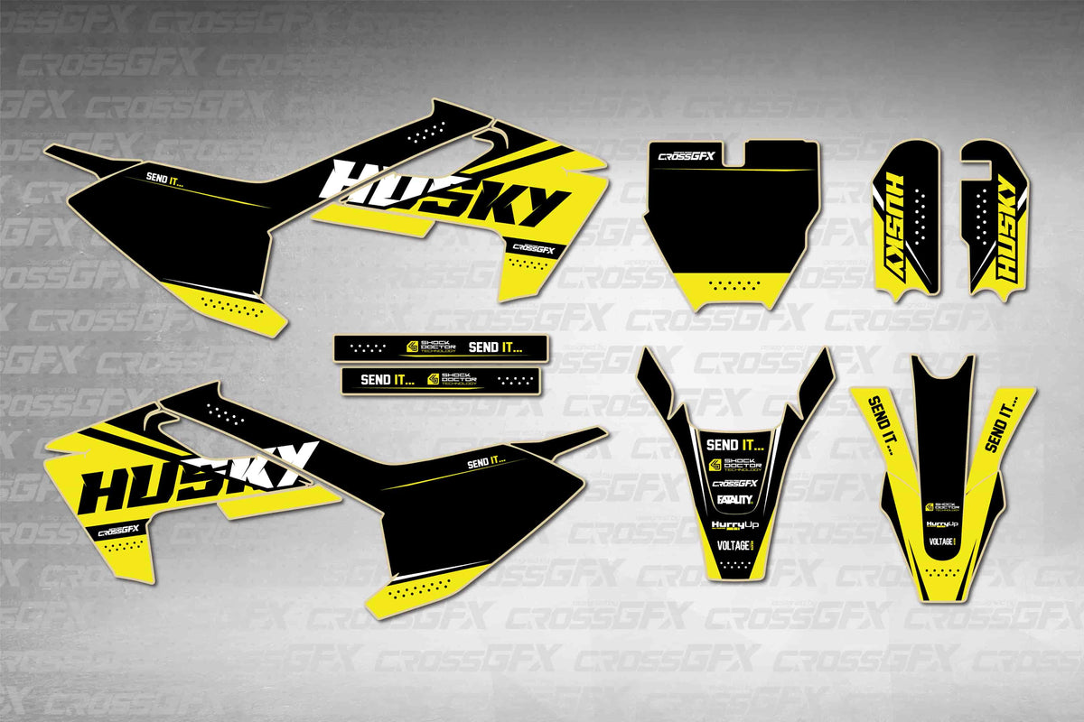 Graphics for Husqvarna TC 50 2017-2019 - Husky Yellow - flat layout showing all decal pieces included