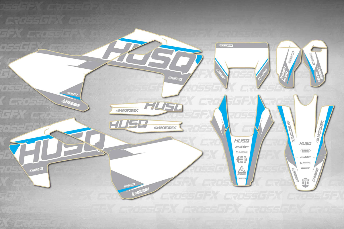 Husqvarna TE 2017-2019 Husq Blue graphics kit - flat layout showing all decal pieces included