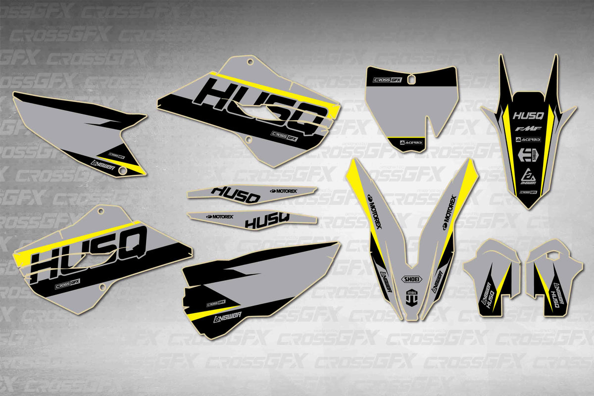 Husqvarna FC 2014-2015 Husq Grey graphics kit - flat layout showing all decal pieces included