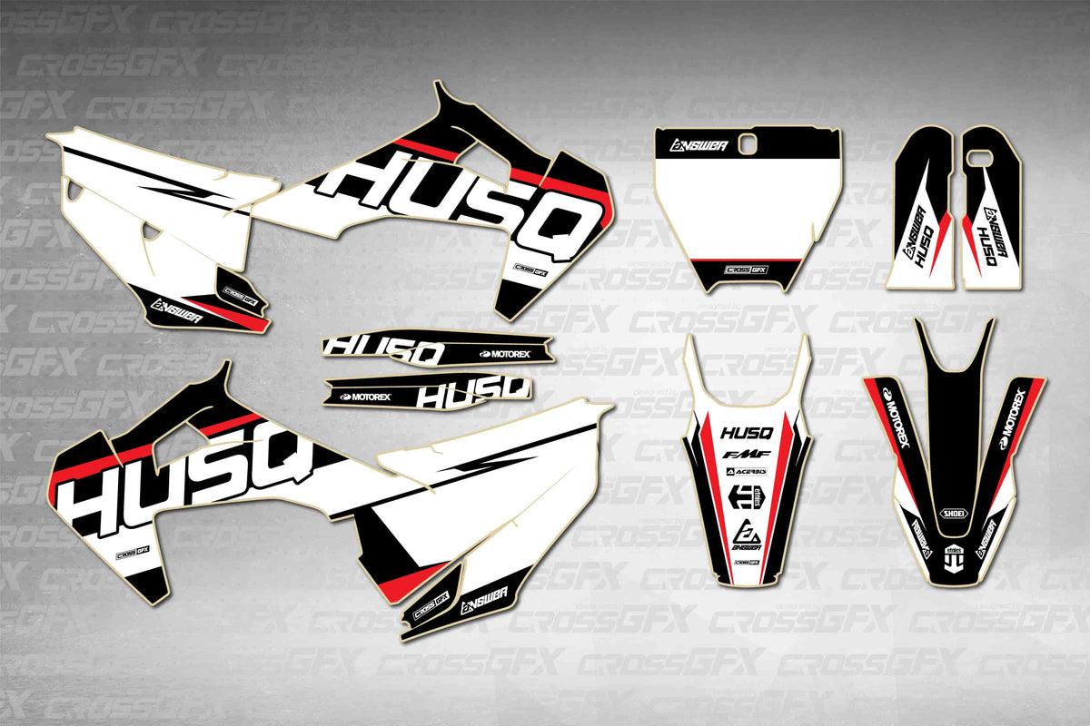 Husqvarna FS 450 2019-2022 Husq Red graphics kit - flat layout showing all decal pieces included